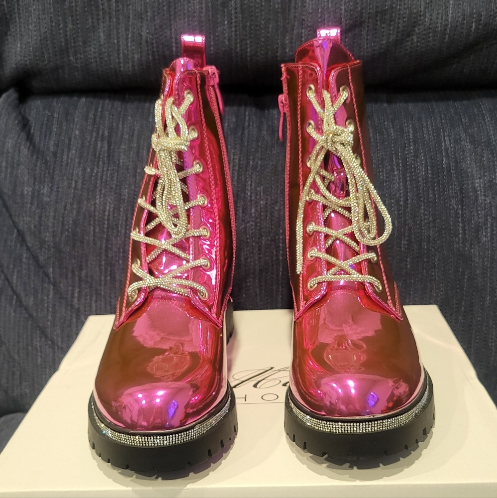Pink rhinestone Combat Boots Sz 7 New